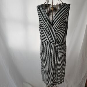 Calvin Klein Black White Stripe Stretch Jersey Faux Wrap Sleeveless Dress